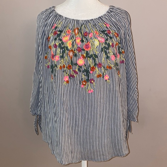 Francesca’s “Blue Rain” Boho Stripe Embroidered 3/4 Sleeve Blouse - Picture 1 of 14